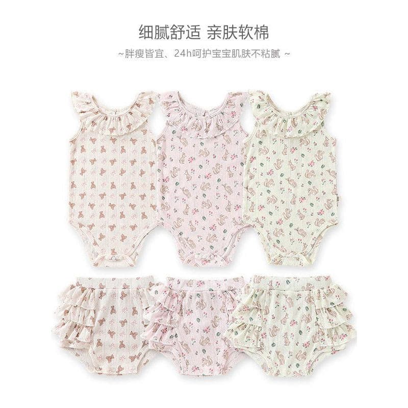2026 verão roupas de bebê menina suspensórios estilo verão babados bunda roupas menina bunda calças conjunto de duas peç
