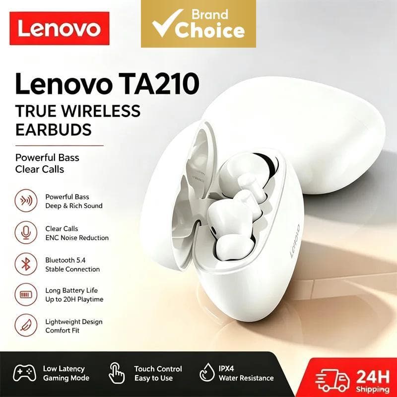 Fones de ouvido sem fio Lenovo TA210 Bluetooth, confortáveis, resistentes ao suor, intra-auriculares, som HiFi, fones de