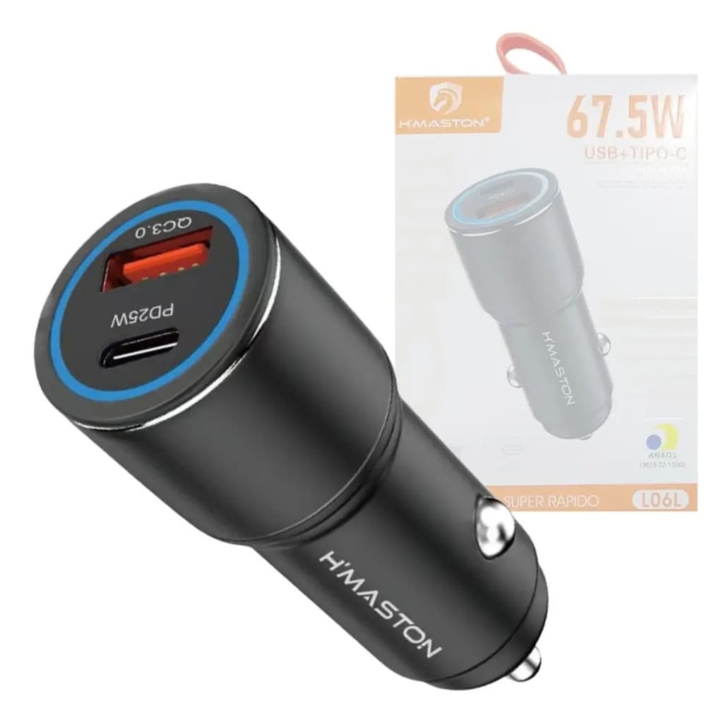 Carregador Veicular USB + Tipo-C Carregamento Turbo 67.5W