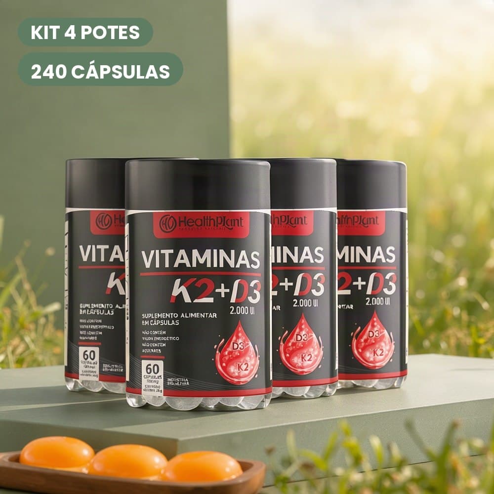 Suplemento Vitamina K2 + Vitamina D3 2000ui 500mg Kit 4 Potes com 240 Cápsulas