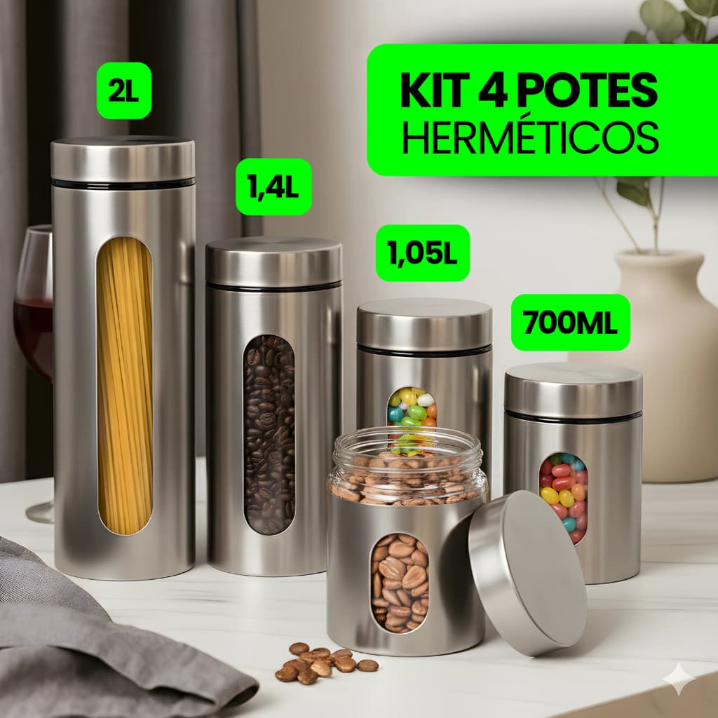 Kit 4 Potes Mantimento Condimento Conserva Vidro Inox e Preto l Com Visor