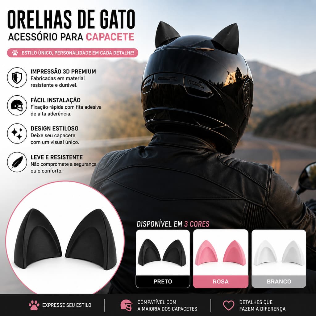 Orelha De Gato Acessório Moto Bike Fixar Capacete Dupla Face Enfeite Decoração Cat Ears Par de Orelinhas Gatinho Fone