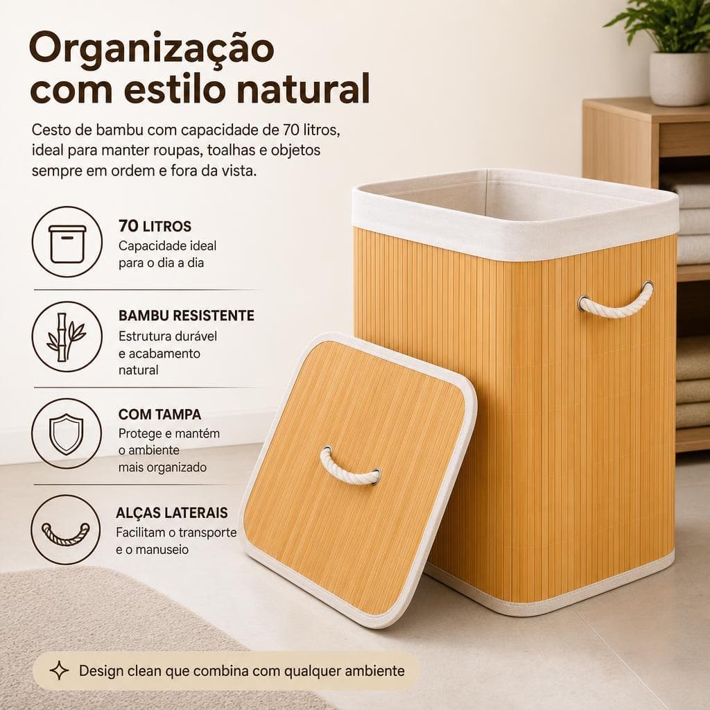 Cesto Organizador de Bambu 70L com Tampa e Alças - roupa banheiro suja multiuso dobrável