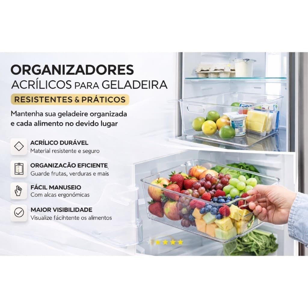Organizadores de Geladeira em Acrílico Transparente | Caixa Organizadora Multiuso Resistente | Monte seu Kit