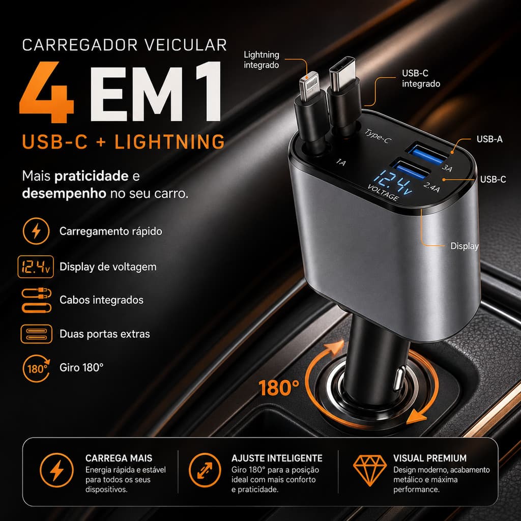 Carregador Veicular 4 em 1 USB-C Tipo C e Lightning Giro 180° Carregamento Rápido para iPhone Android e Carro