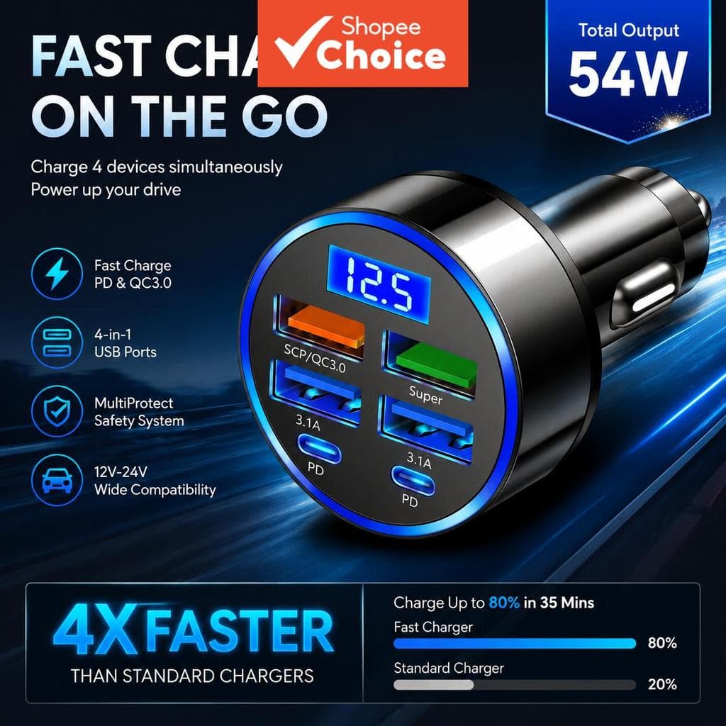 2025 Carregador Veicular PD QC3.0 Carregamento Rápido 1 para 6 Carregador Veicular Flash Charge com Display Digital