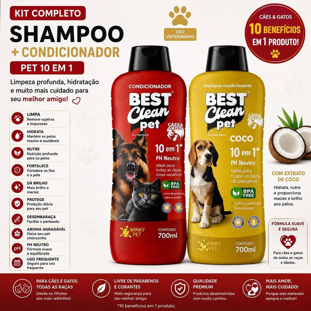 Kit Shampoo e Condicionador Pet 10 em 1 Coco 2x700ml - Best Clean Pet, pH Neutro, Sem Parabenos, Para Cães e Gatos