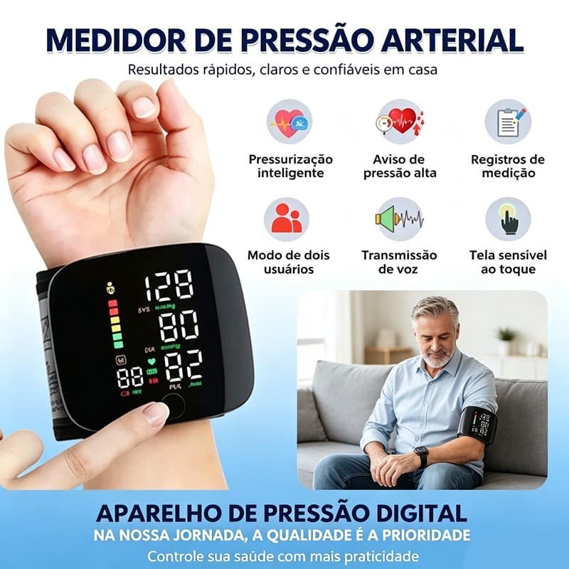 KIT Medidor Pressão Digital Recarregável De Pulso Com Voz Monitor Inteligente + Oximetro De Dedo BP Esfigmomanômetro