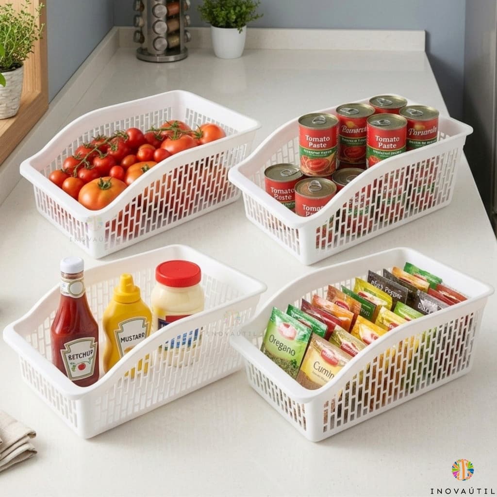 Cesto Organizador Multiuso Vazado Plástico Branco Kit 4 Peças Para Geladeira Armário Cozinha