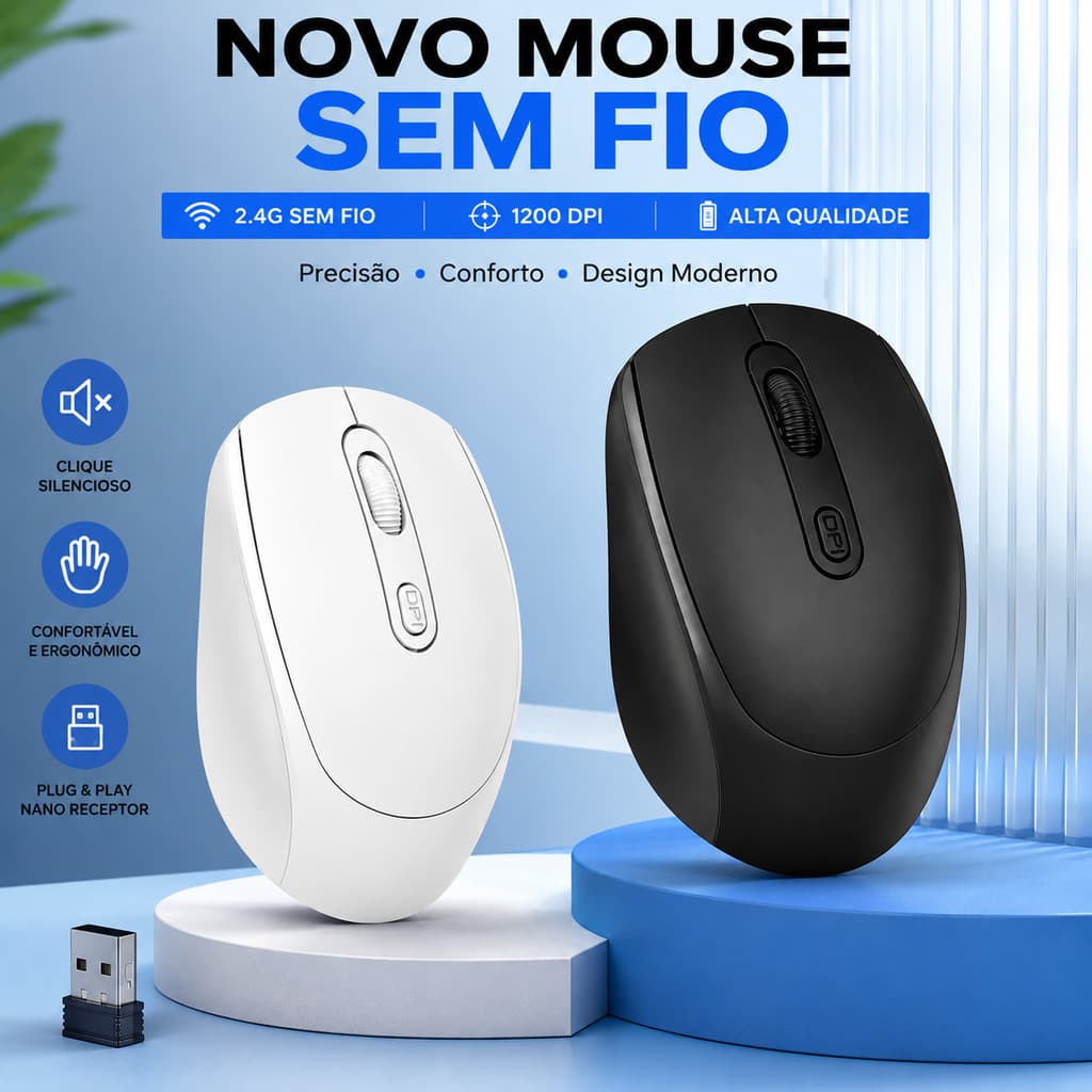 Mouse Sem Fio 1600DPI Silencioso Wireless USB Para Notebook Computador PC Laptop Uso Diário