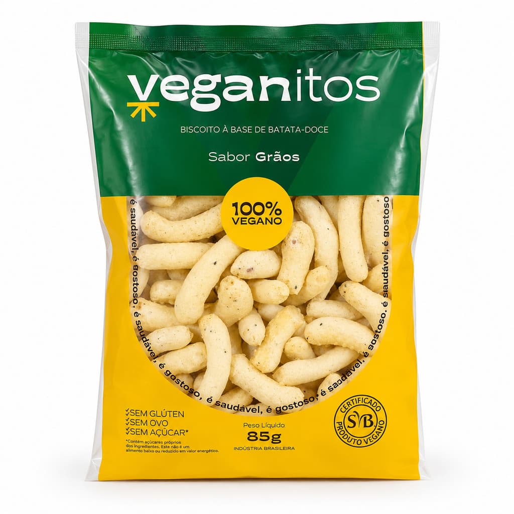 Biscoito Vegano Batata Doce Polvilho Veganitos Grãos Saudável Crocante Sem Glúten Zero Açúcar 85g