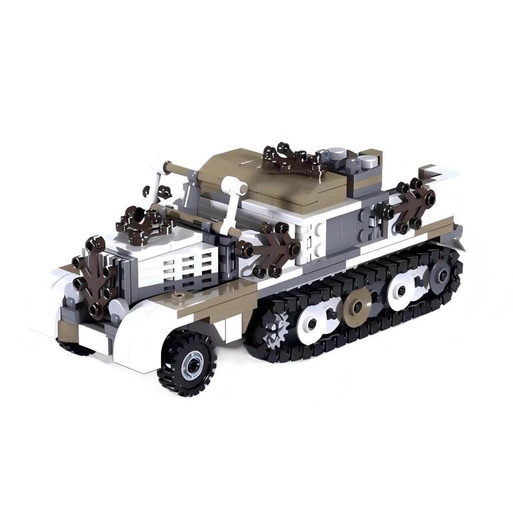 Os blocos de montar MOC são compatíveis com o modelo de veículo blindado semi-trilho Lego da série Sdkfz11, que é montad