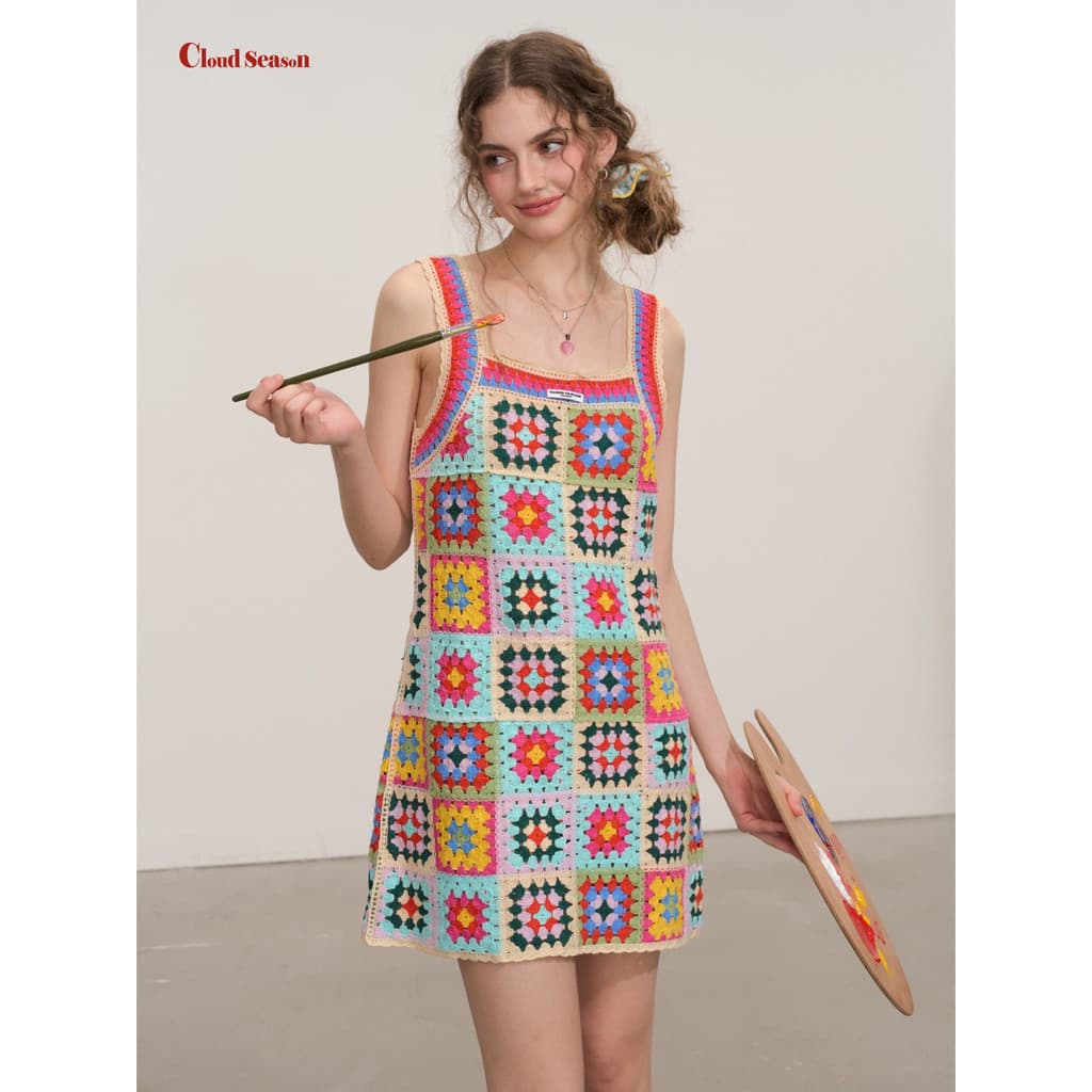 CLOUDSEASON pintor colorido crochê vestido feminino 2026 novo estilo outono estilingue vestido feminino outono