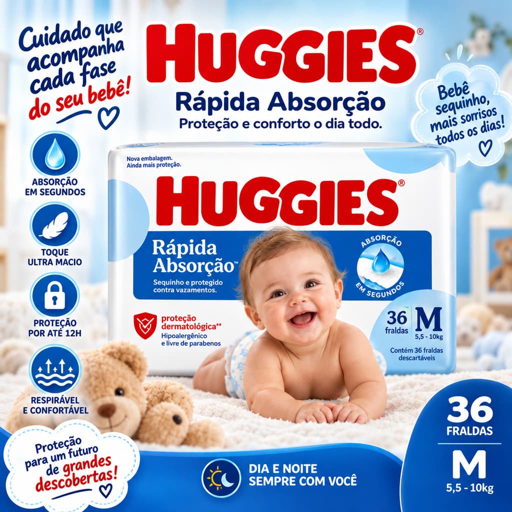 Fralda Huggies Rápida Absorção Tamanho M 36 Unds 5,5 a 10 Kg