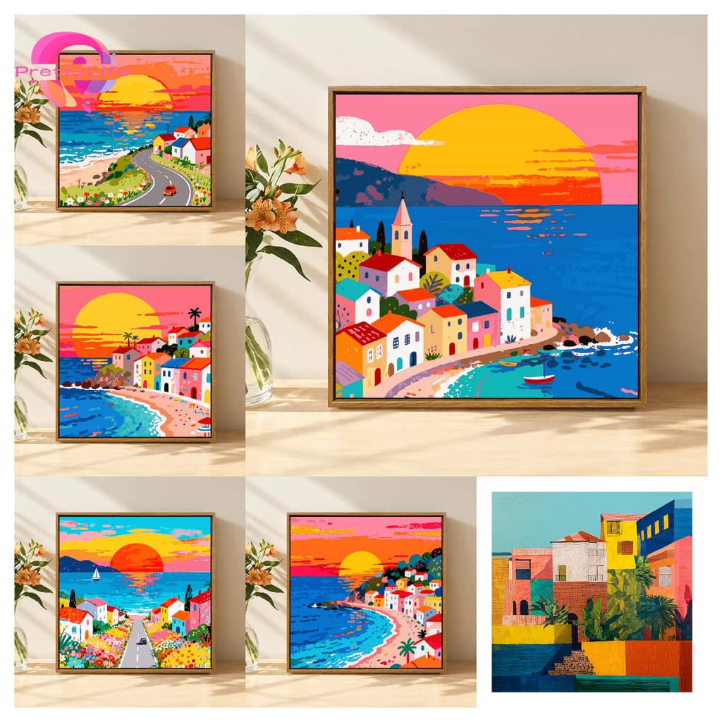 Conjunto De Pintura De Diamante 5D Para Pôr Do Sol , Paisagem De Baía E Outono , Ponto Cruz De Cristal , Completo , Deco