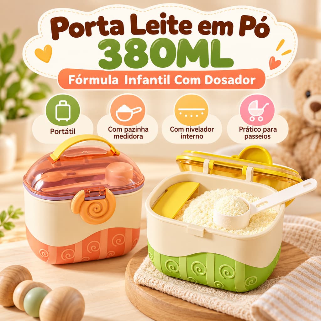 Porta Leite em Pó 380ml Fórmula Infantil Dosador Colher Nivelador Portátil Bebê Rosa Verde Aleatório
