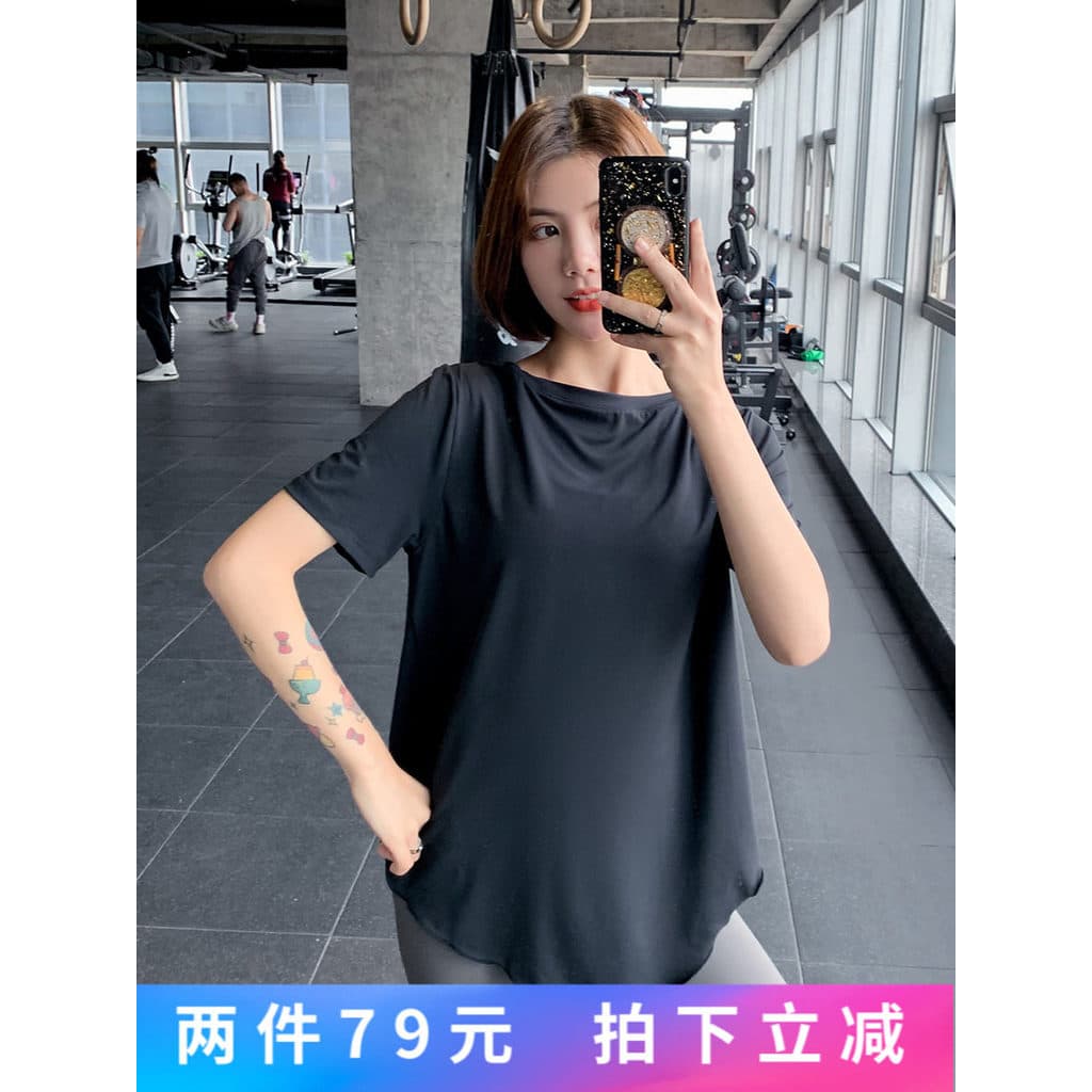 QTS Fitness esportes camiseta feminina solta correndo blusa respirável roupas de secagem rápida roupas de Yoga verão mai