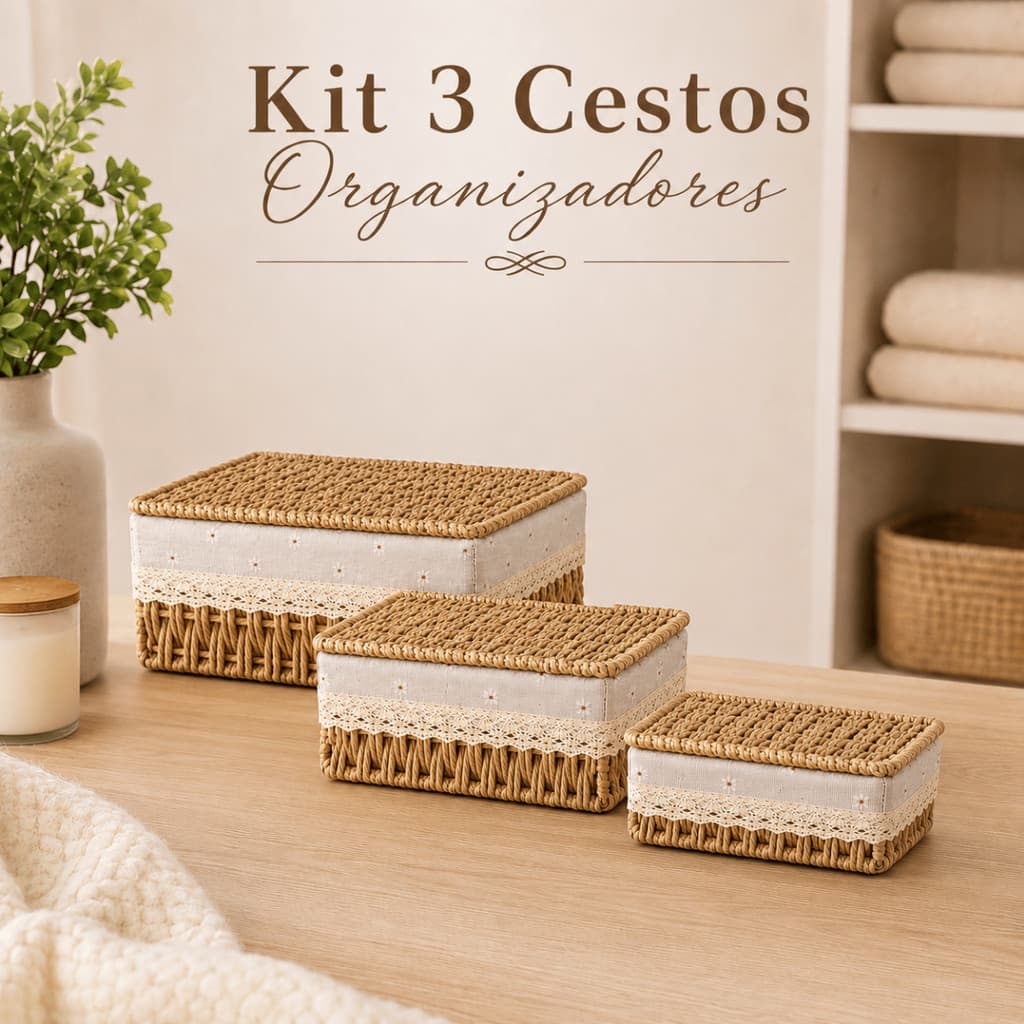 Kit 3 Cestos Organizadores Palha com Forro Caixa Multiuso para Banheiro Quarto Cozinha e Decoração Papel Palha Bambu