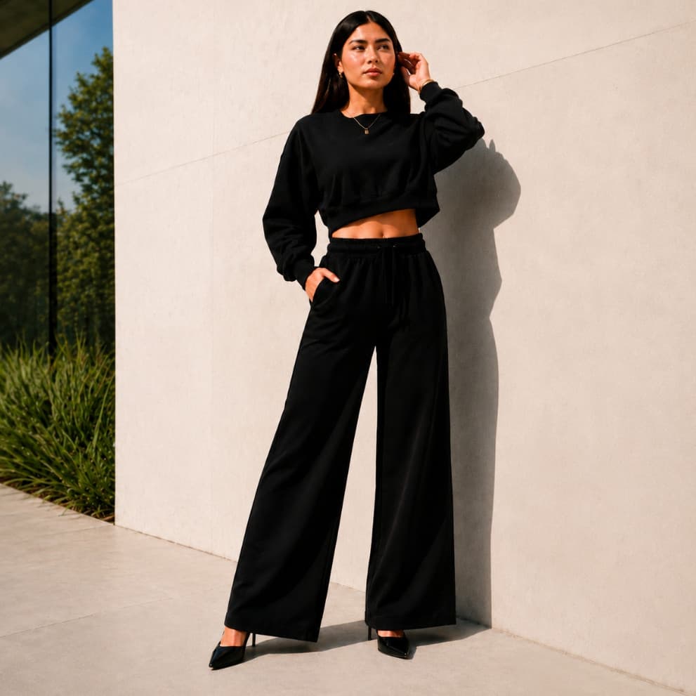 Conjunto Feminino Confortável Calça Wide Leg e Blusa Moletom