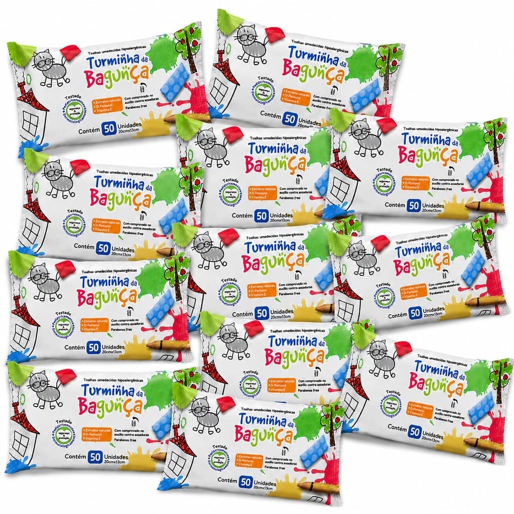 Kit 12 Lenços Umedecido Infantil 50 Folhas - Hidratação Limpeza Suave Bebê - Turminha da Bagunça