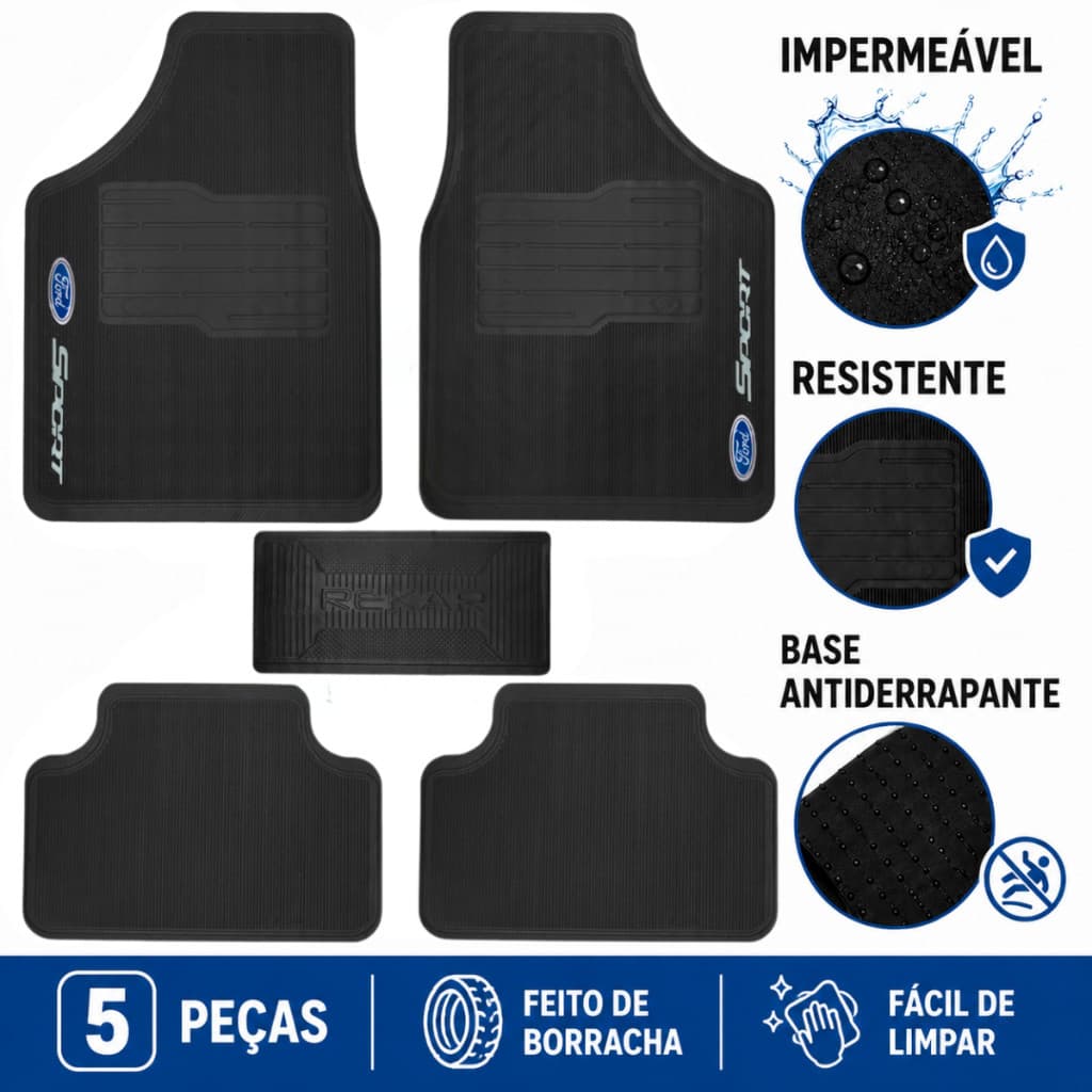 Kit Tapete Automotivo Ford 5 Peças Antiderrapante Ka Fiesta Focus Ranger Fusion EcoSport Territory