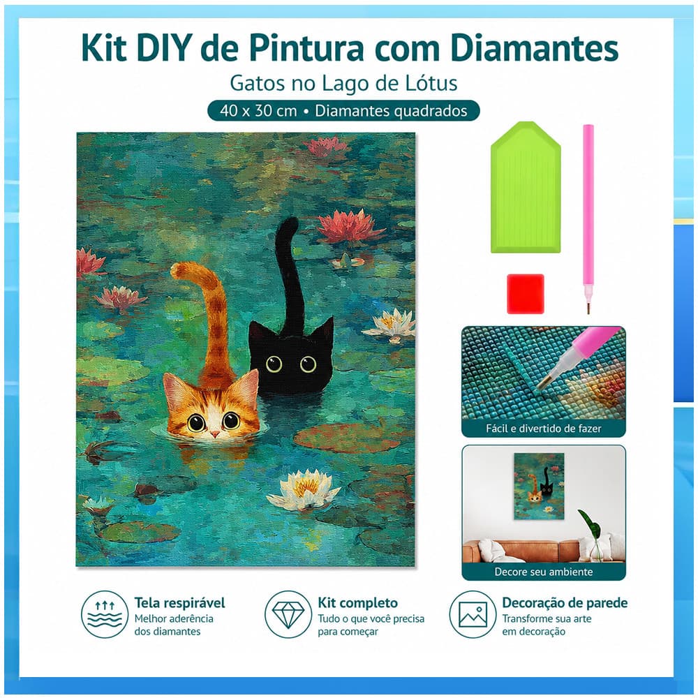 Conjunto de pintura diamante adulto 5D Lotus Pool Cat 40x30cm adequado para decoração de casa, presentes de aniversário