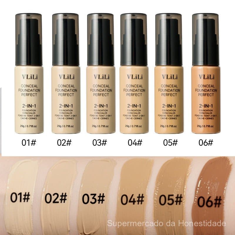 Base líquida de 6 cores disfarça marcas de acne e olheiras, maquiagem de base líquida à prova d'água de longa duração.