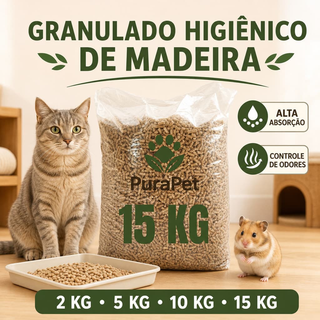Granulado Higiênico de Madeira para Gatos e Roedores – Areia Sanitária Absorvente