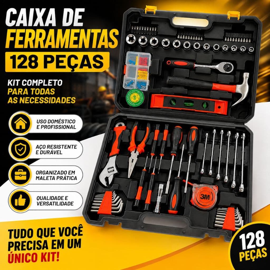 Caixa de Ferramentas 128 Peças Kit Completo com Maleta Martelo Alicate Chaves Trena