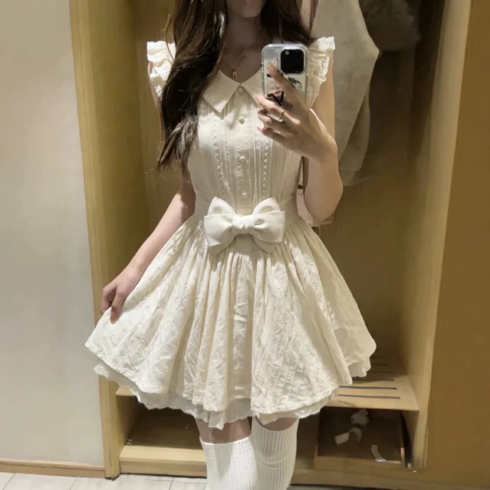 Vestido feminino cor de damasco com gola de boneca, novo estilo de verão 2026, cintura com laço, vestido princesa com sa