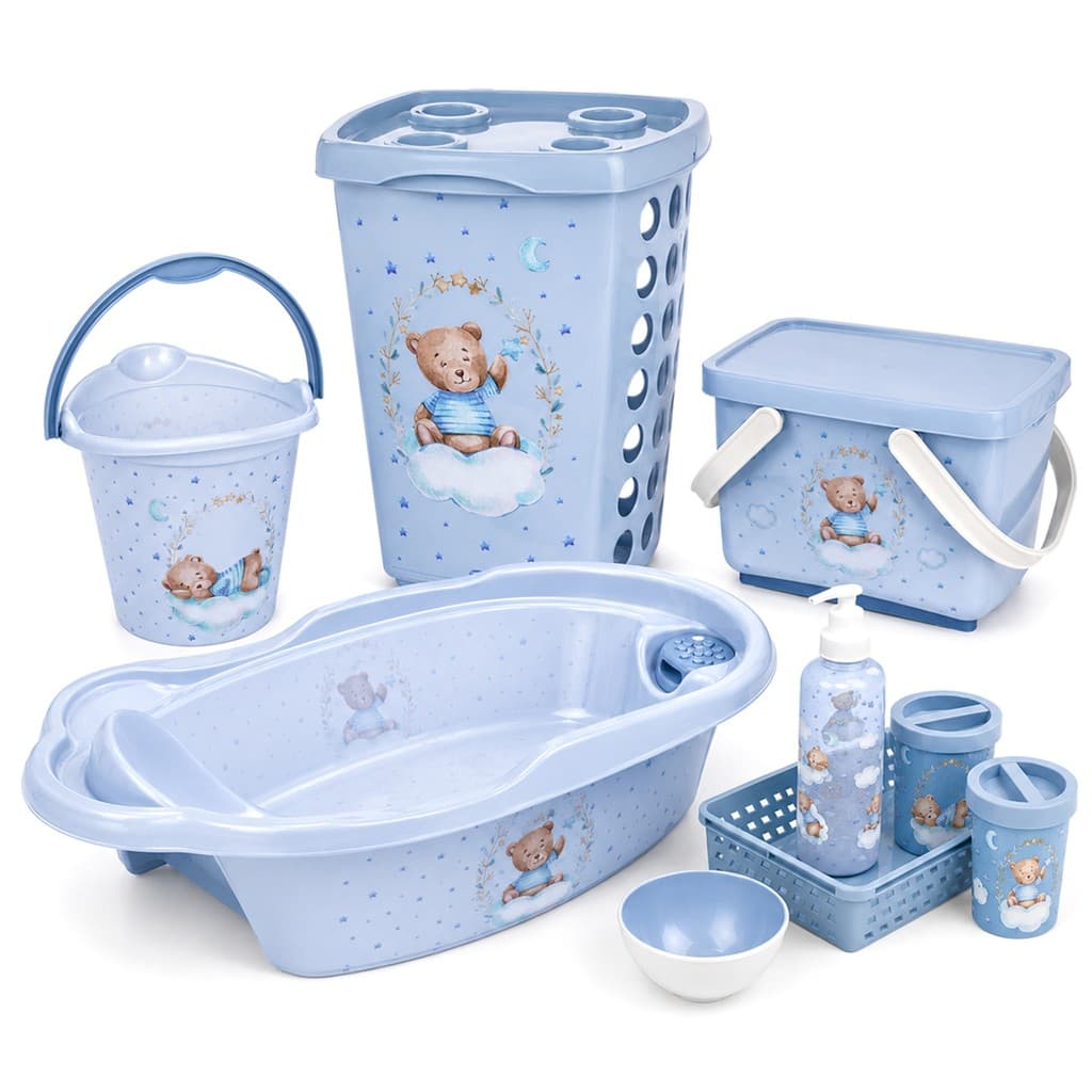 Kit Bebê Completo Urso Azul 9 Peças Banheira Cesto Roupas Balde Caixa Higiene Infantil - Plasútil