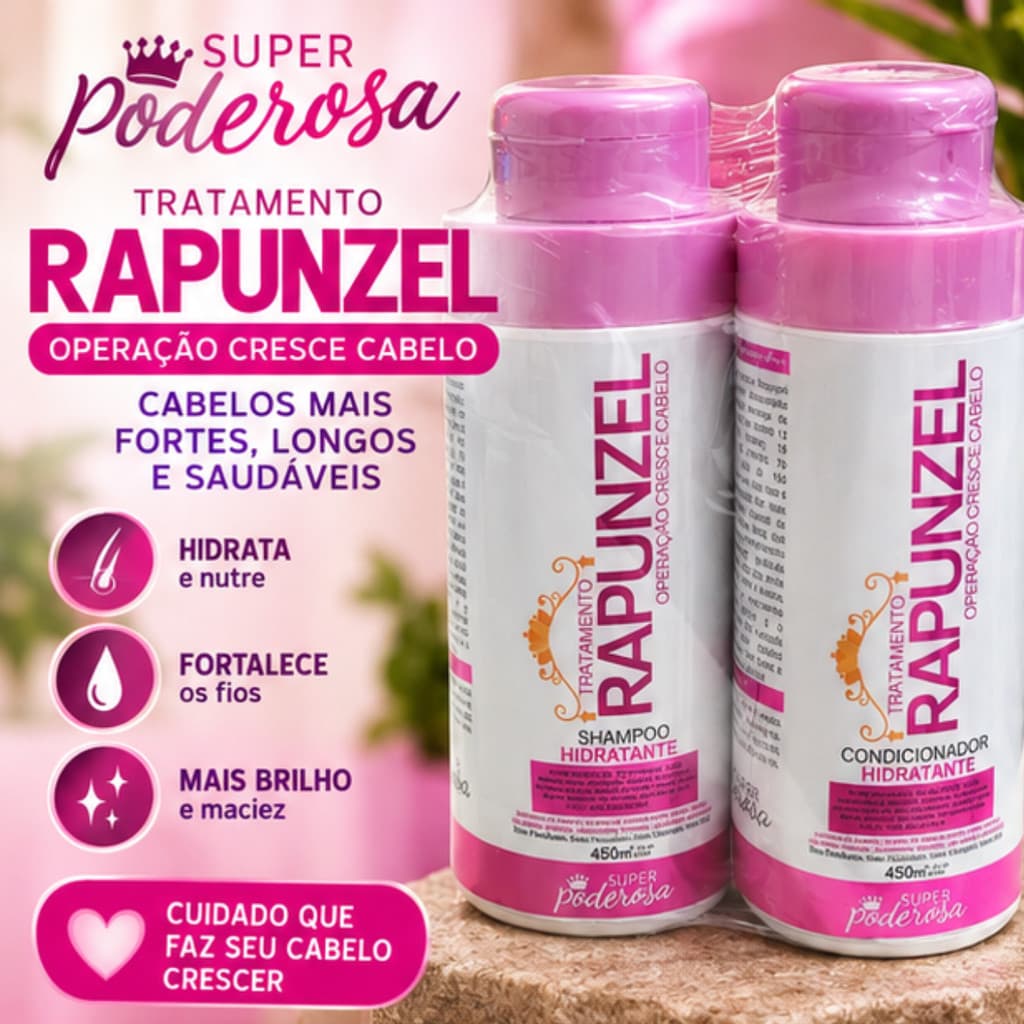 Kit Rapunzel shampoo e condicionador hidratante 450ml Super Poderosa tratamento capilar crescimento