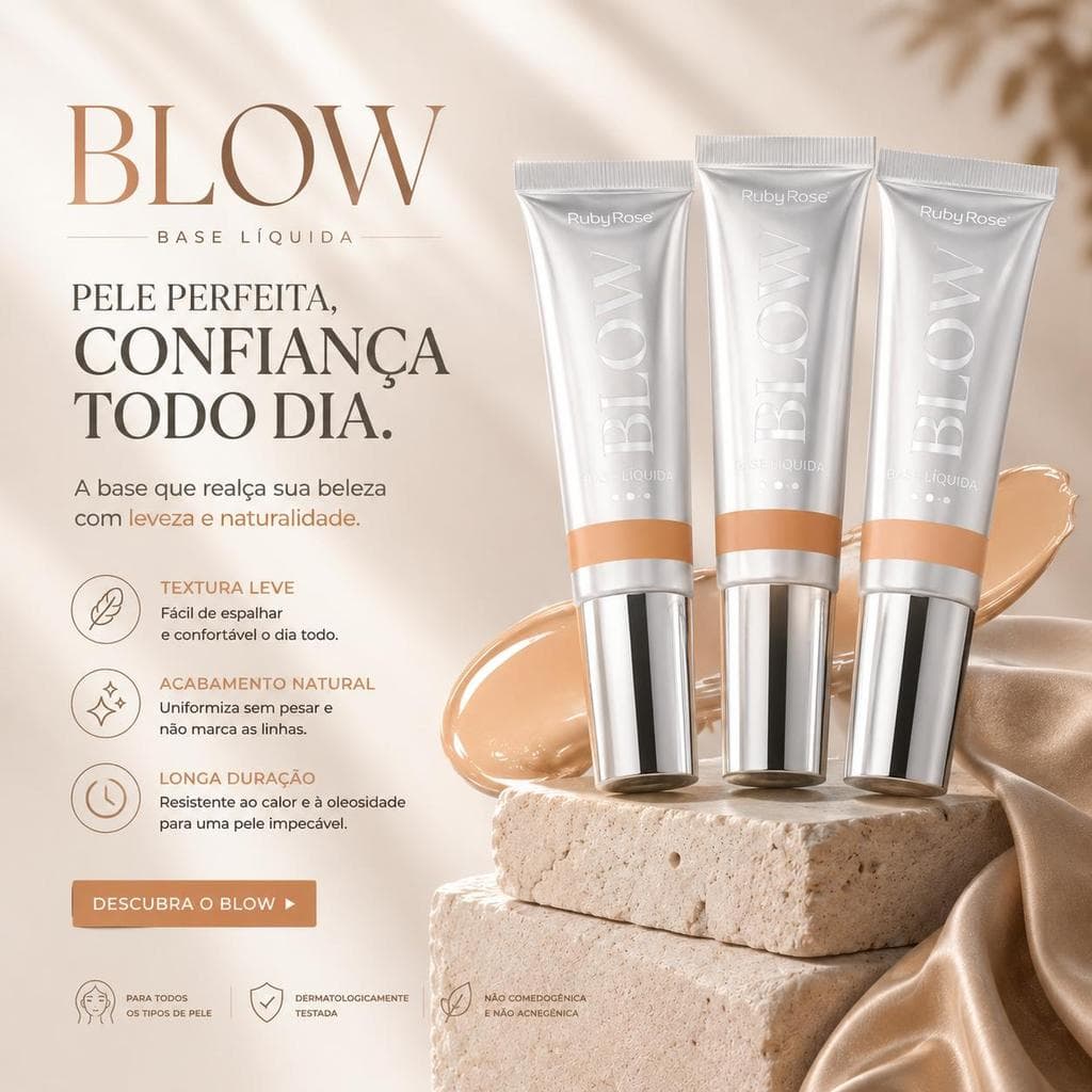 Oh My Skin! Base Líquida Blow Cobertura Média Textura Leve Pele Natural Maquiagem 12 Tonalidades Acabamento Glow Confort