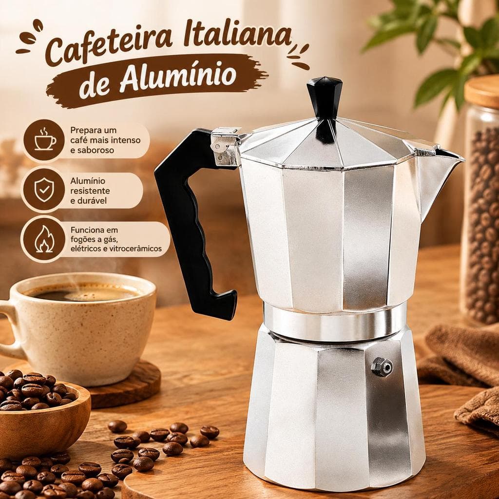 Cafeteira Italiana Moka 6 Xícaras 300ml – Expresso Manual – Alumínio Prata