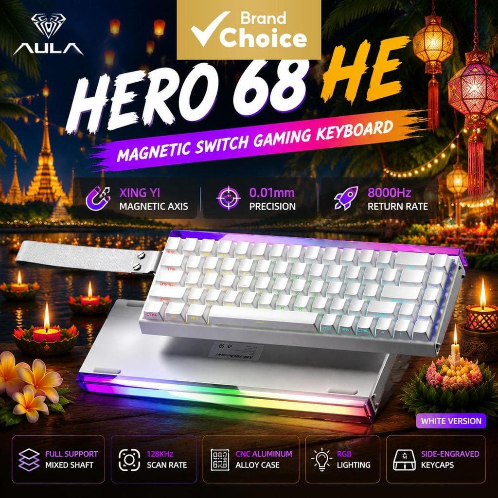 Teclado Mecânico com Fio AULA Hero68 HE, Interruptores Magnéticos, Taxa de Polling de 8K, RGB, Teclado Compacto 68% para