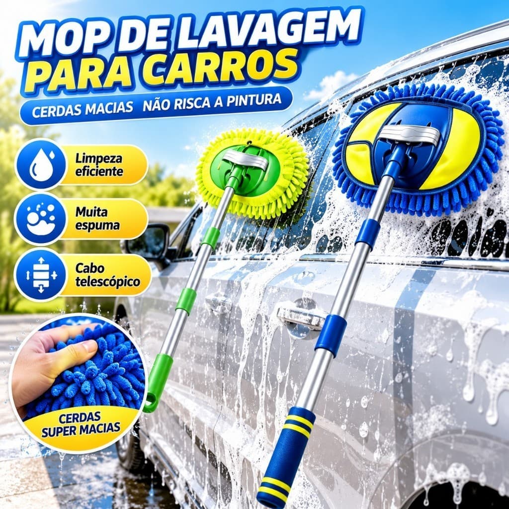 Kit 3 Mops Escova para Lavagem de Carro com Cabo Telescópico Extensível Limpeza Automotiva