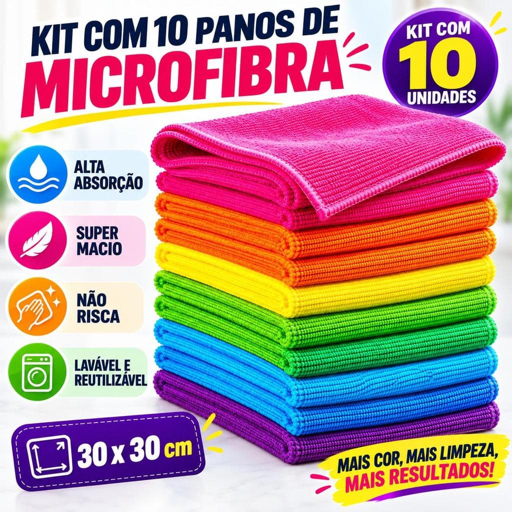 Kit 10 Panos De Microfibra Paninho Flanela Multiuso 30x30cm Alta Absorção Para Limpeza Geral Limpa Carro Cozinha e Vidro