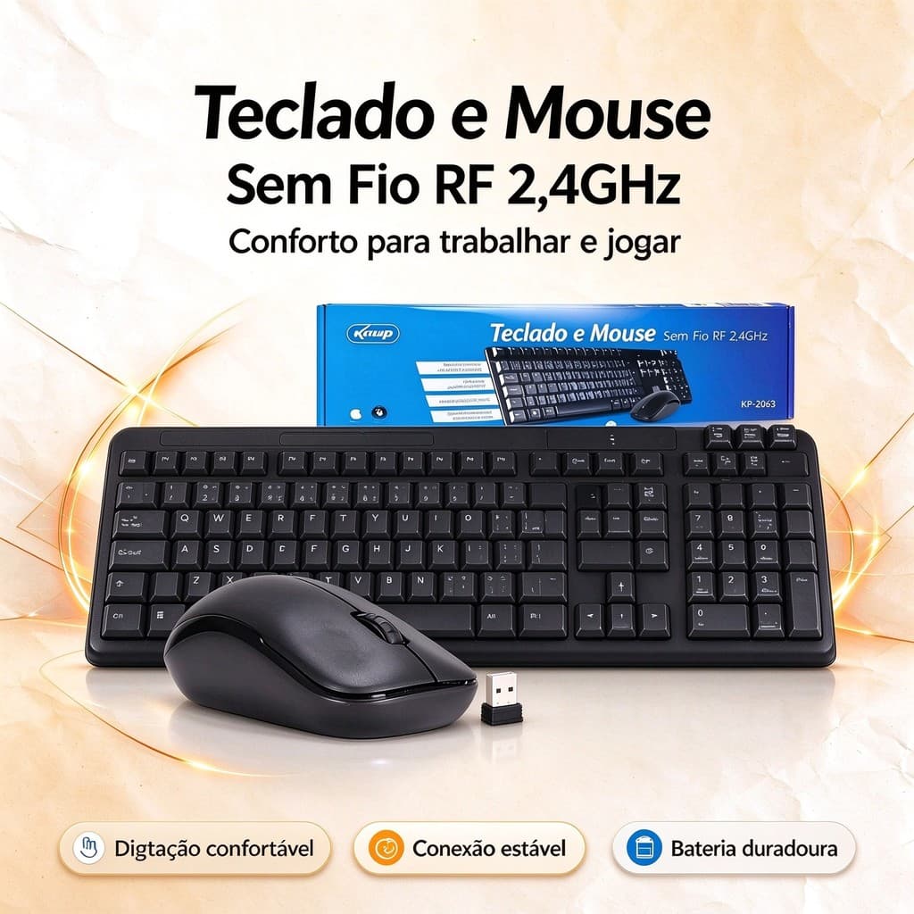 Kit Teclado e Mouse Sem Fio 2.4GHz USB 3 Botões Scroll Membrana Táctil Distância máxima 10m Compatível Windonws e Mac