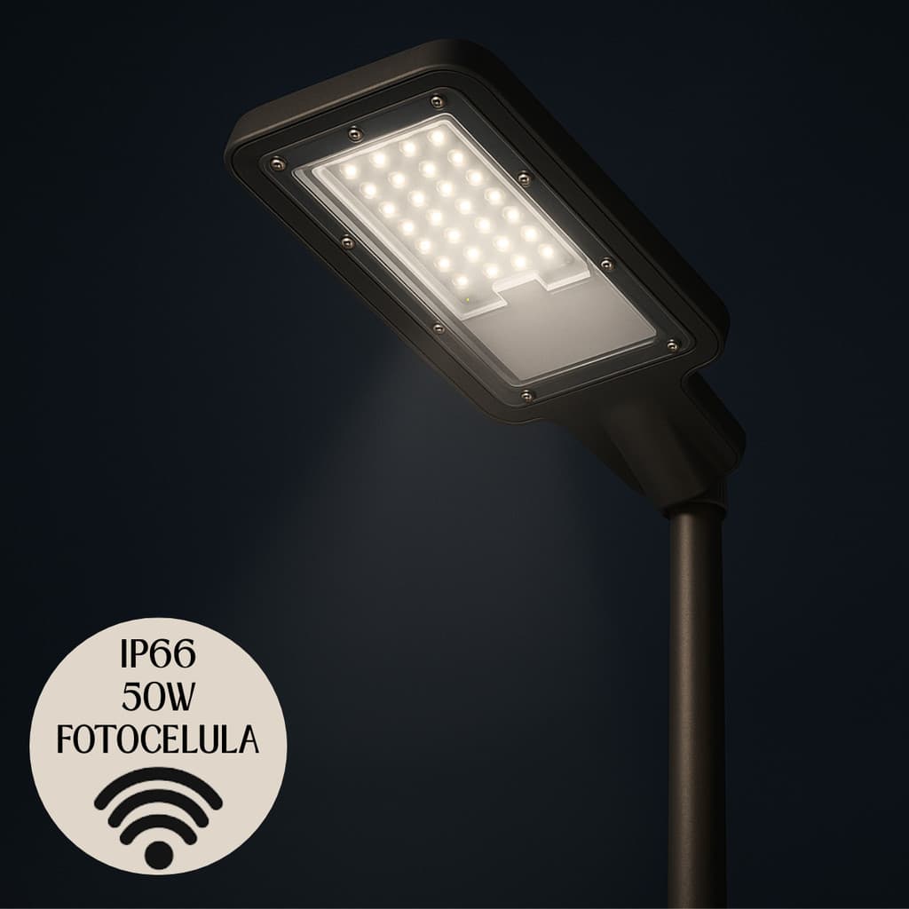 Luminaria Publica Poste 50w IP66 Bivolt 6500K Luminaria LED Fotocélula Iluminação Condominios - Estacionamentos - Ruas