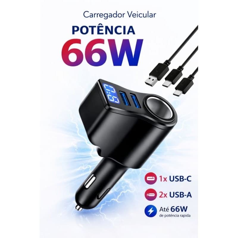 Carregador Veicular Turbo 66W com Display Digital | 4 em 1 para Celular e Acessórios