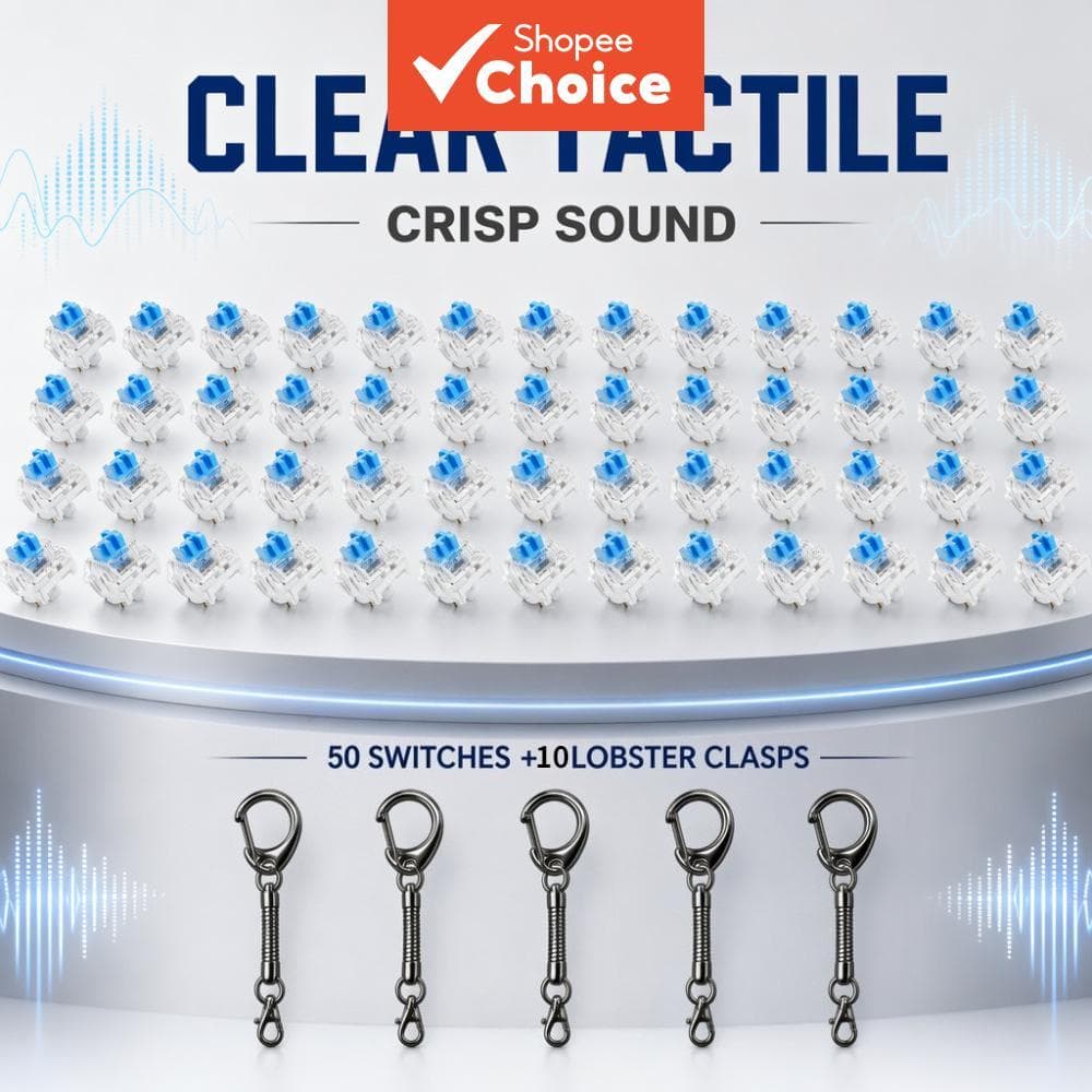 Interruptores azuis para teclado mecânico, conjunto de fidget clicker com 50 interruptores e 10 argolas de chaveiro.