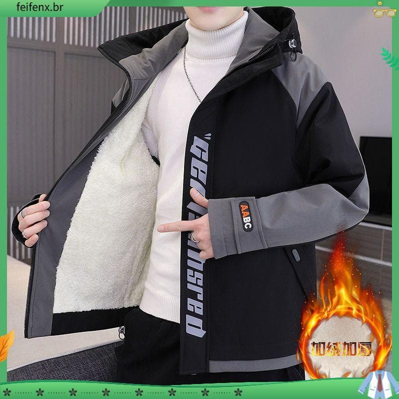 Jaqueta juvenil forro de lã engrossado novo estilo na moda jaqueta Casual masculina com capuz à prova de vento jaqueta q