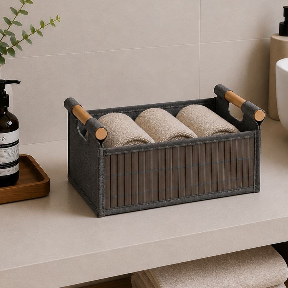 Cesto Organizador Pequeno em Bambu Cinza 10L com Alça de Madeira - Ideal para Roupas, Quarto, Banheiro