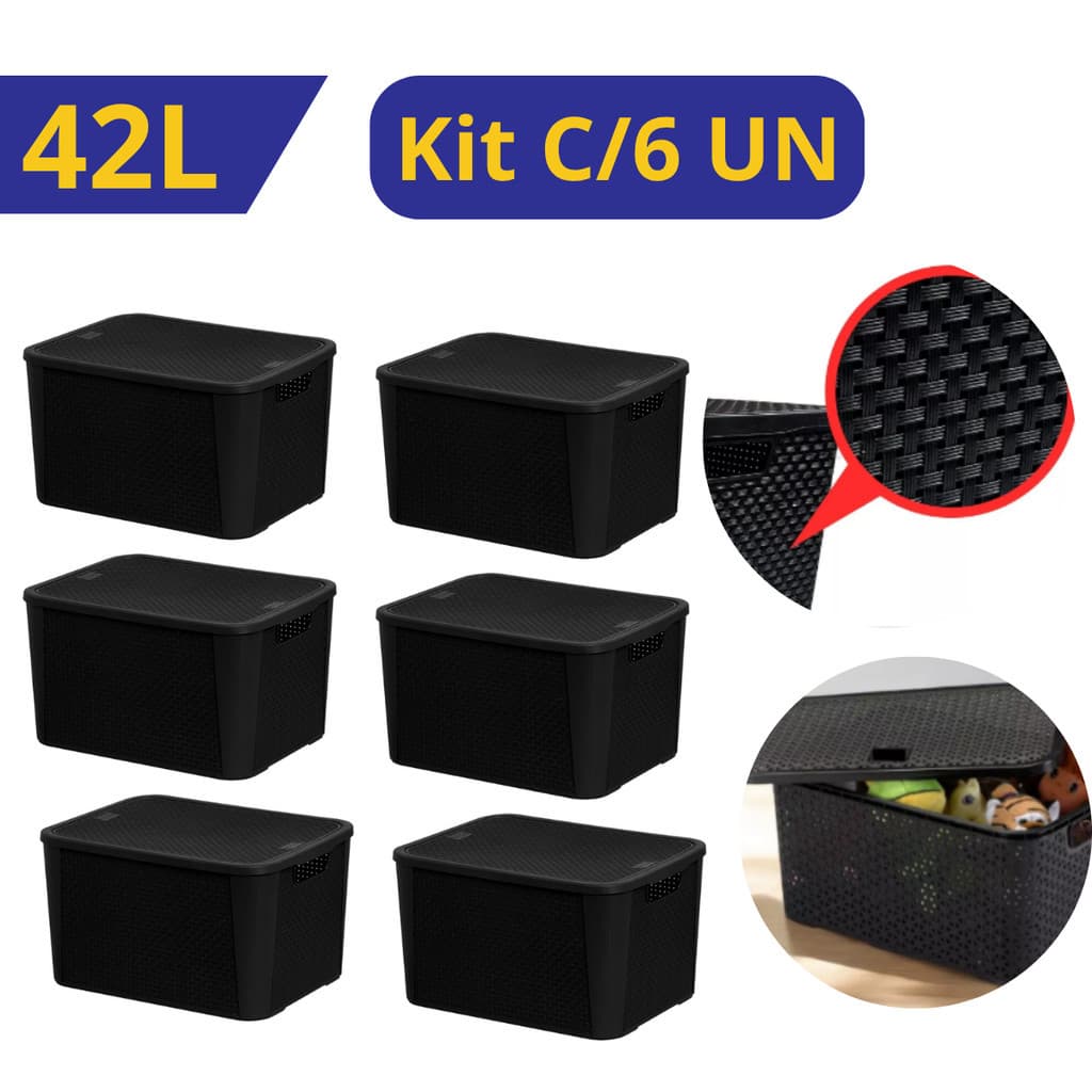 Kit 6 UN Caixa Organizadora 42 Litros Rattan Preta Grande Multiuso Com Tampa Plástico Quarto Cozinha