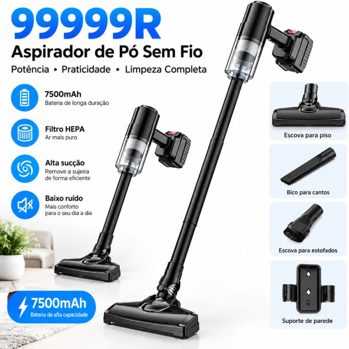 Aspirador de Pó Portátil 2 em 1 Sem Fio Recarregável – Super Potente para Carro, Casa, Sofá e Cantos
