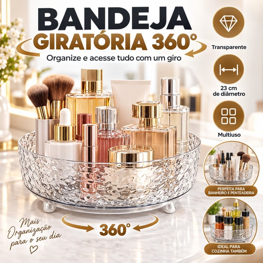 Bandeja Giratoria Organizadora Multiuso Maquiagem Cosméticos Temperos Frutas Penteadeira Banheiro Cozinha
