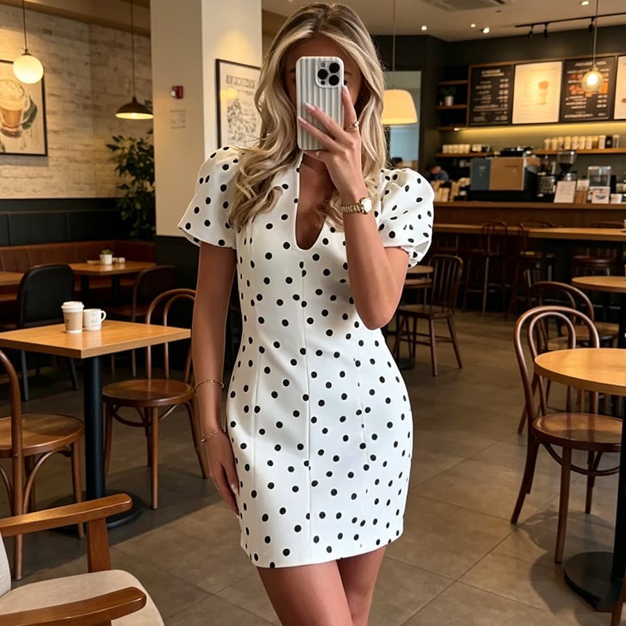 Primavera Verão Vestido Feminino Polk Dot Elegante Curto Puff Manga Com Decote Em V Zíperes Mini Vestidos Femininos 2026
