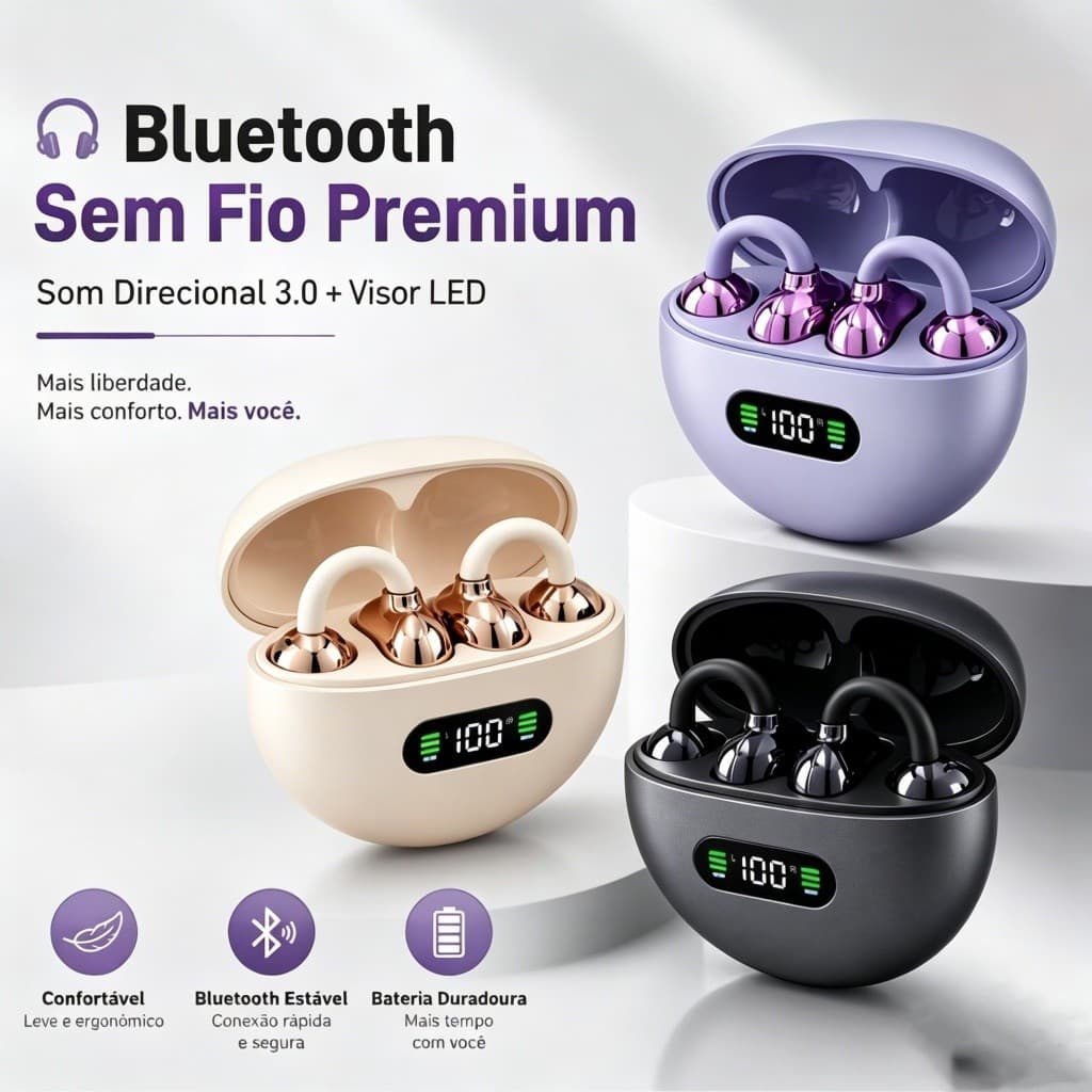 Fones de Ouvido Clip‑On Bluetooth Q71 Sem Fio, Display de Bateria, Esportivo Não Entra no Ouvido