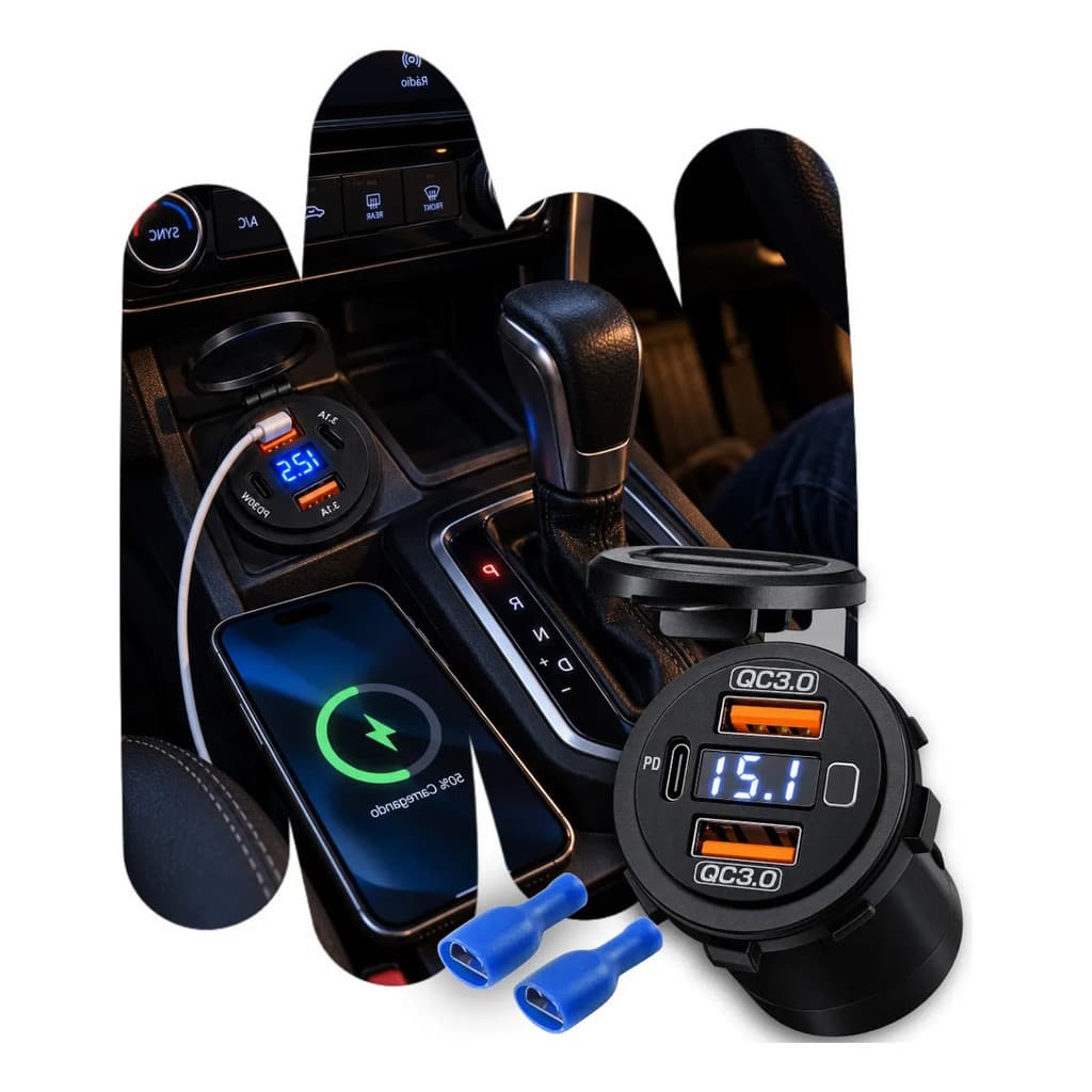 Tomada Carregador Usb Veicular Qc3.0 + Saída Tipo C Pd Botão Liga E Desliga Com Voltímetro E Chicote 12v-24v Display Led