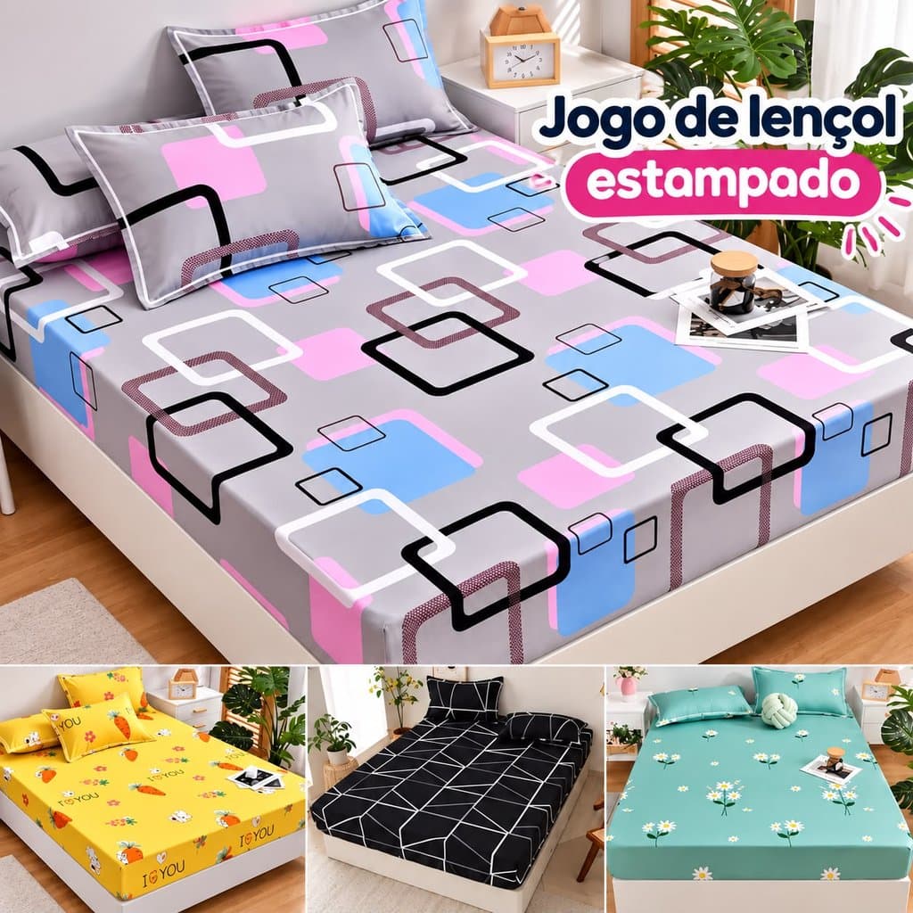 Jogo de Lençol Casal Solteiro Queen Com Elastico Estampado Linha premium